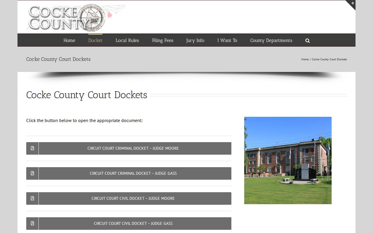 Cocke County criminal docket page for booking-record disposition checks